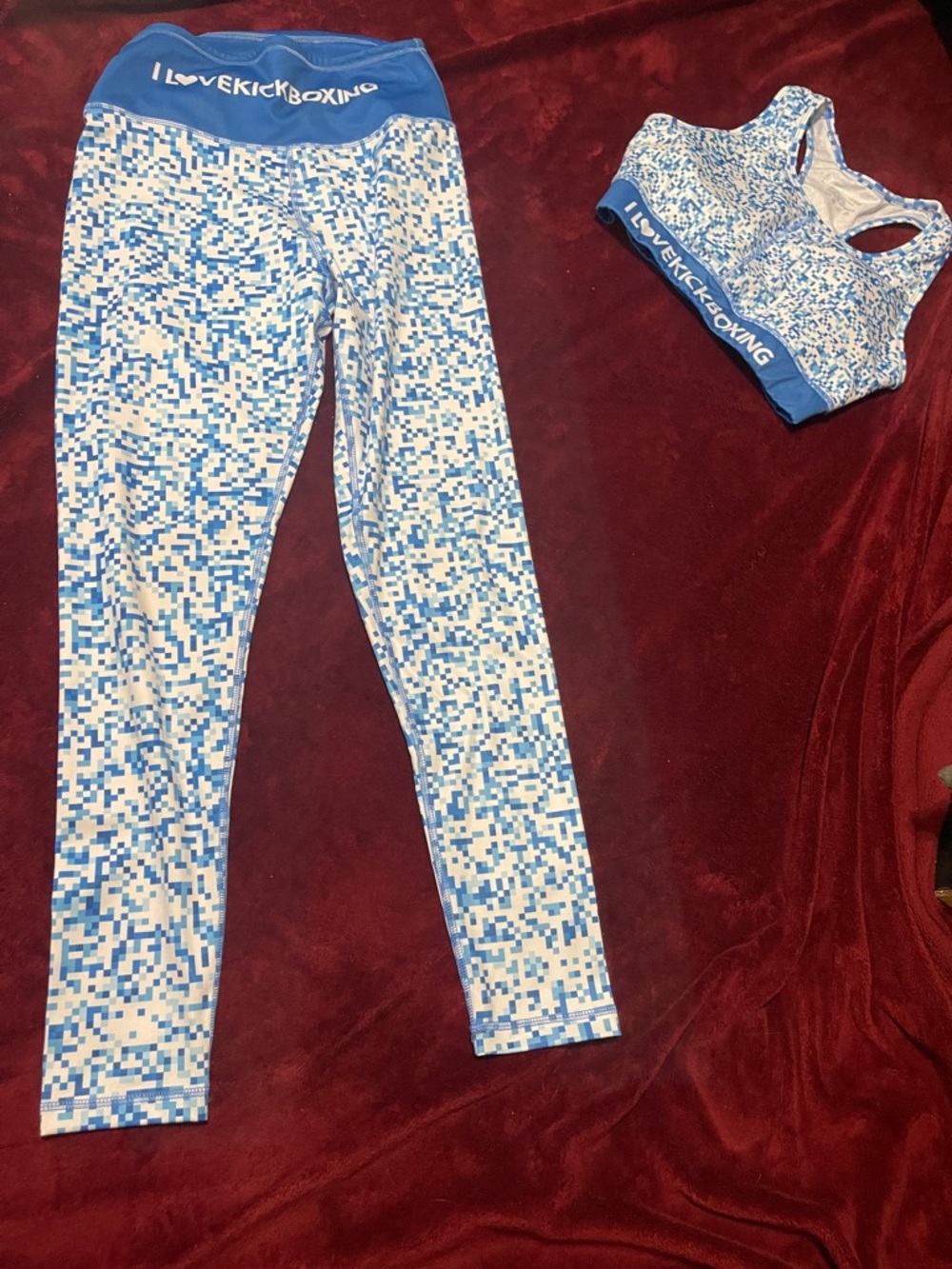 Blue & White I Love Kickboxing Pixel Print Leggings and sports bra set